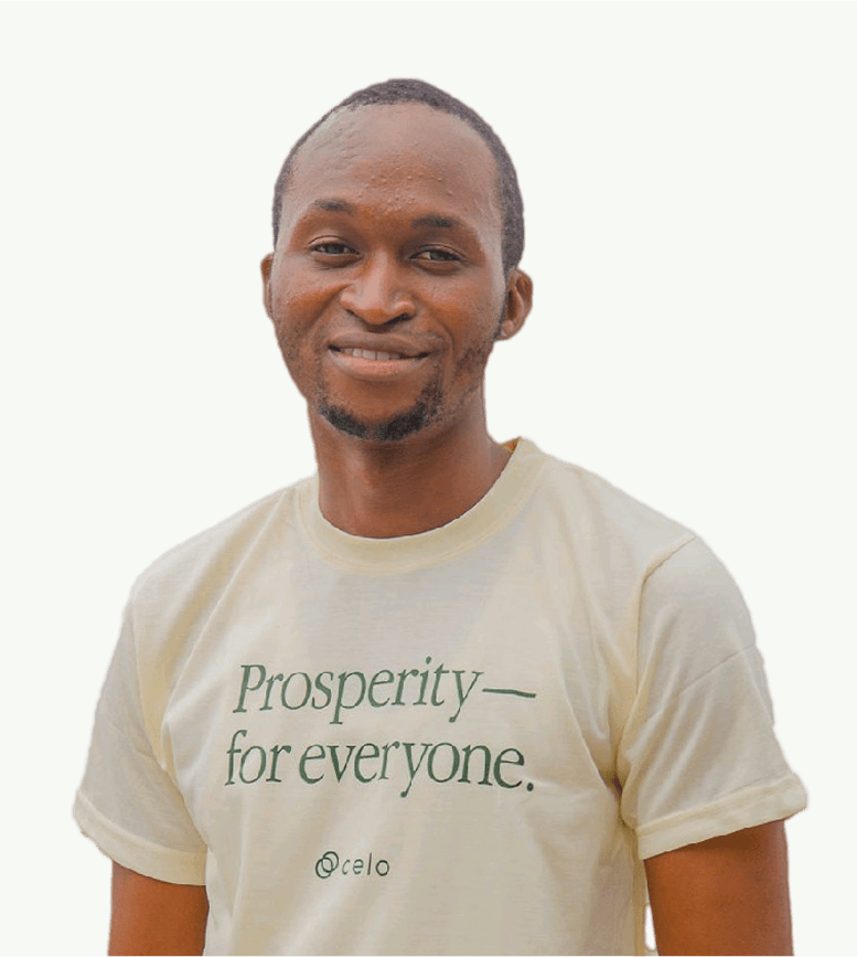 Aliu Musa wearing a 'Prosperity for everyone' t-shirt